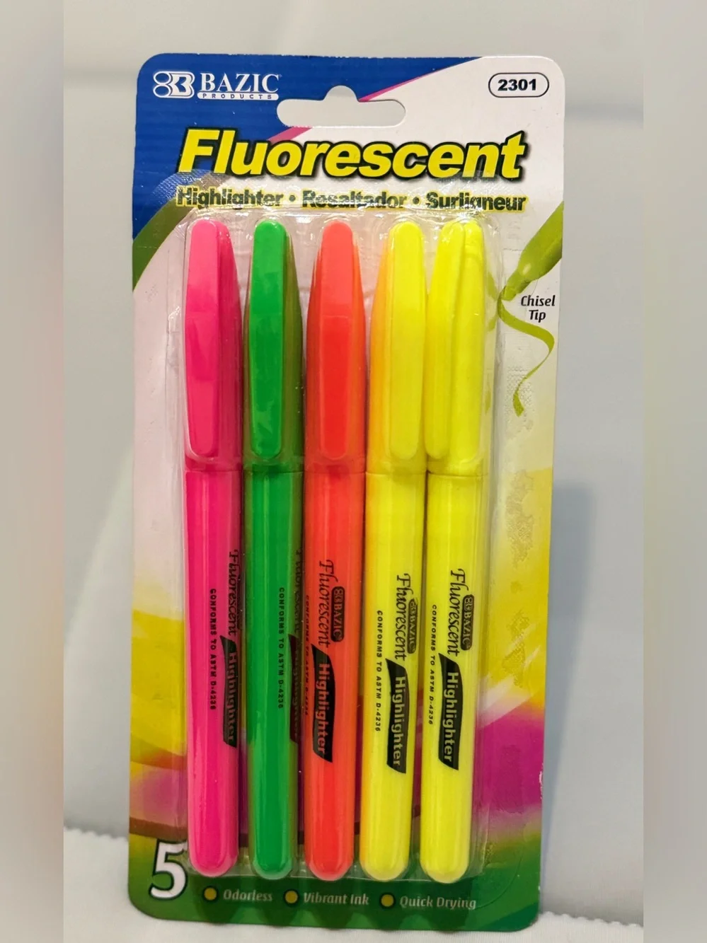 BAZIC Pen Style Fluorescent Highlighters 5-Pack